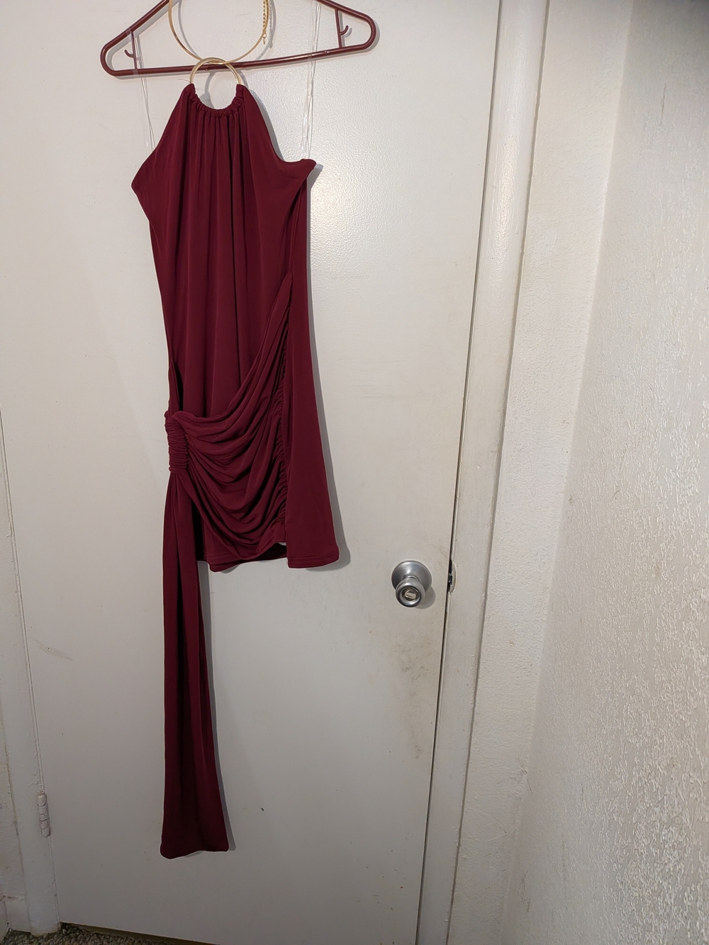 One-Shoulder Ruched Midi Dress in Burgundy